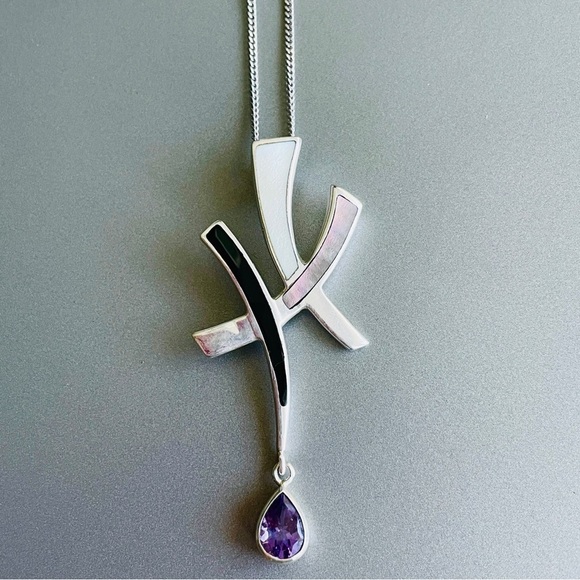 Vintage Abstract Pendant Necklace W/ Amethyst Onyx Abalone Pearl Sterlin… - Picture 1 of 6